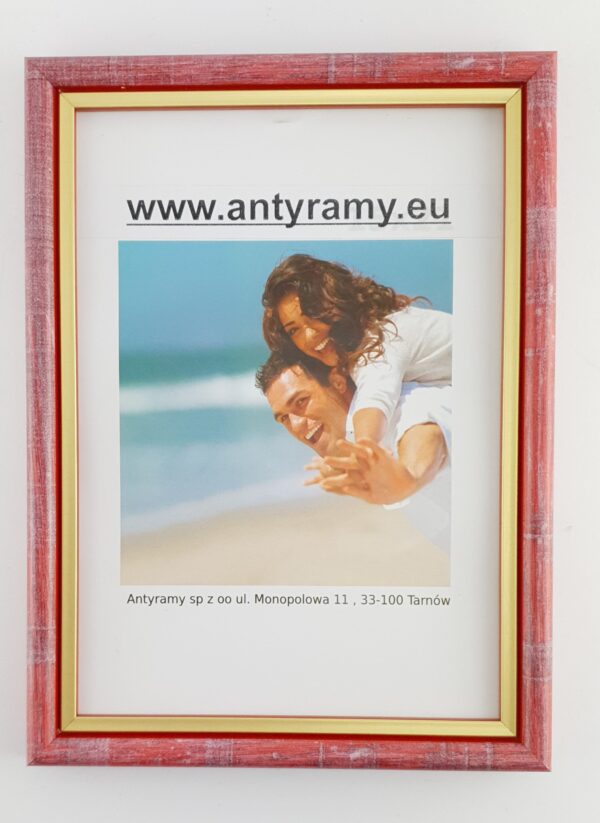 Rama Drewniana Czerwona Przecierana ze Złotym Paskiem – Styl Retro i Pasja – Seria 060KVC