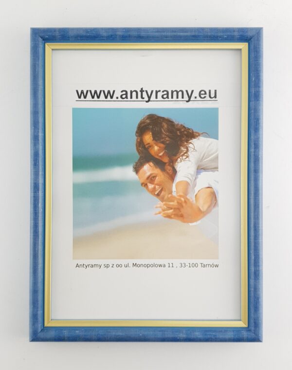 060krn (9) Rama Drewniana Niebieska Przecierana ze Złotym Paskiem – Styl Vintage – Seria 060KVN